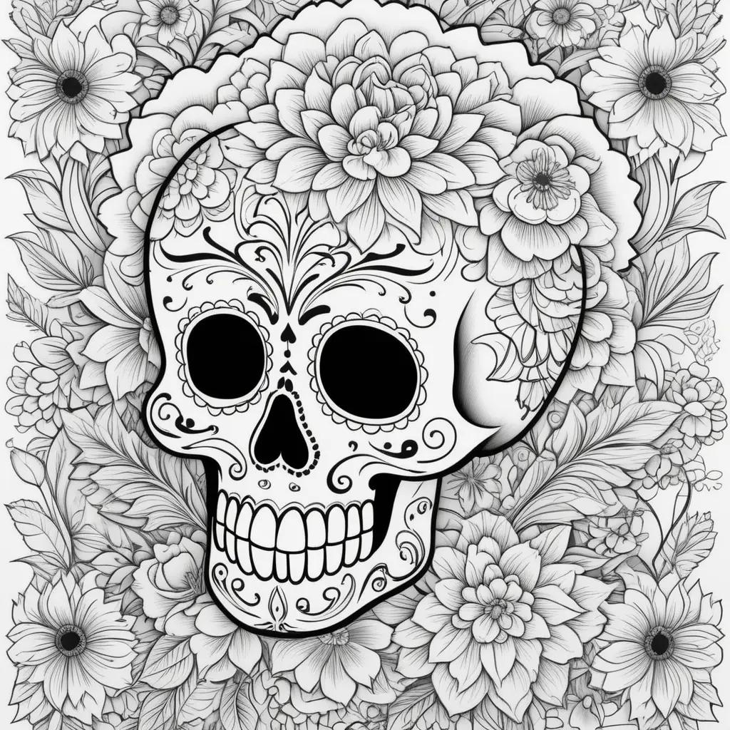 Day of the Dead Coloring Pages Featuring a Skull and Flowers