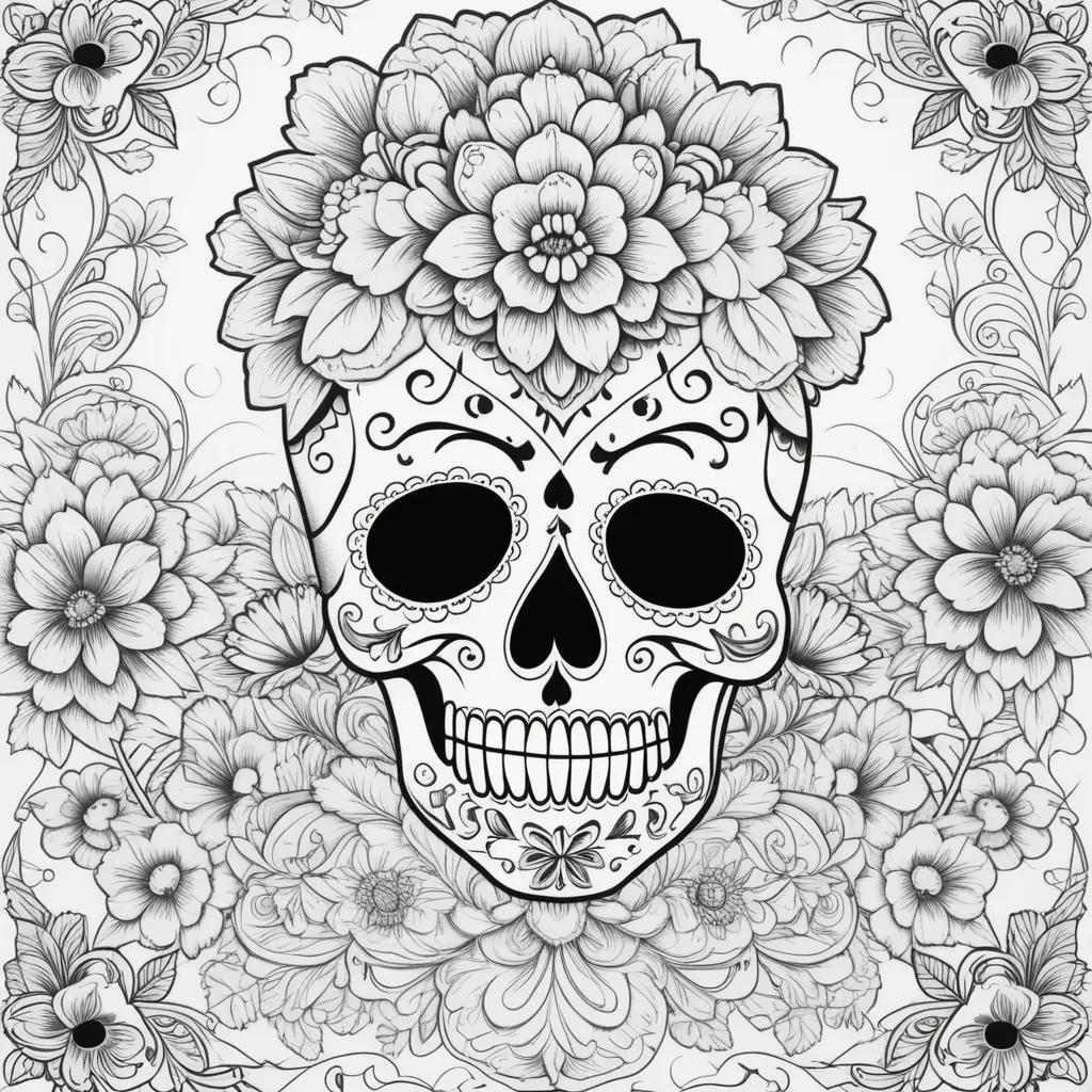 Day of the Dead Coloring Pages with Black and White Skull