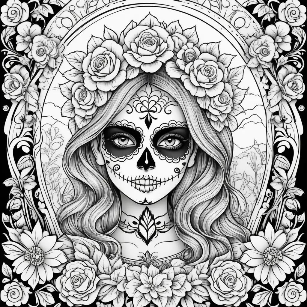 Day of the Dead Coloring Pages with Skull and Flowers