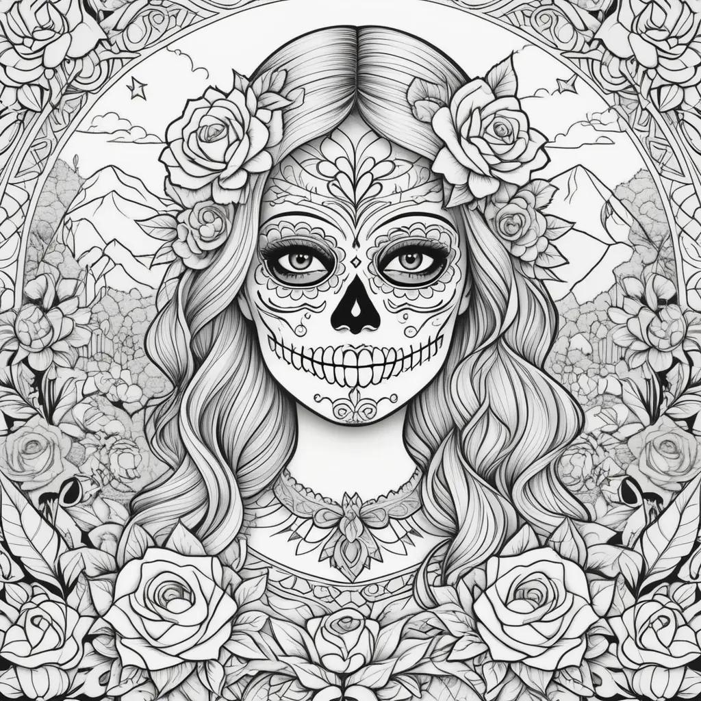 Day of the Dead Coloring Pages with Skull and Roses