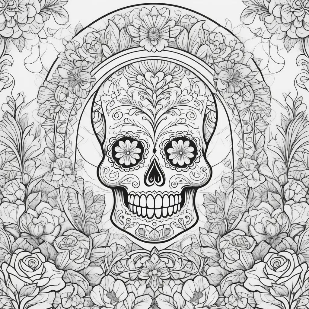 Day of the Dead Coloring Pages with a skull and flowers