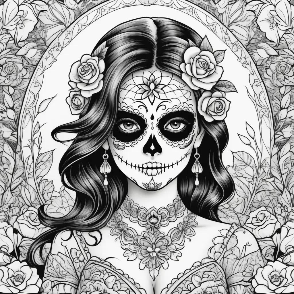 Day of the Dead coloring pages: a black and white illustration of a woman with a skull face