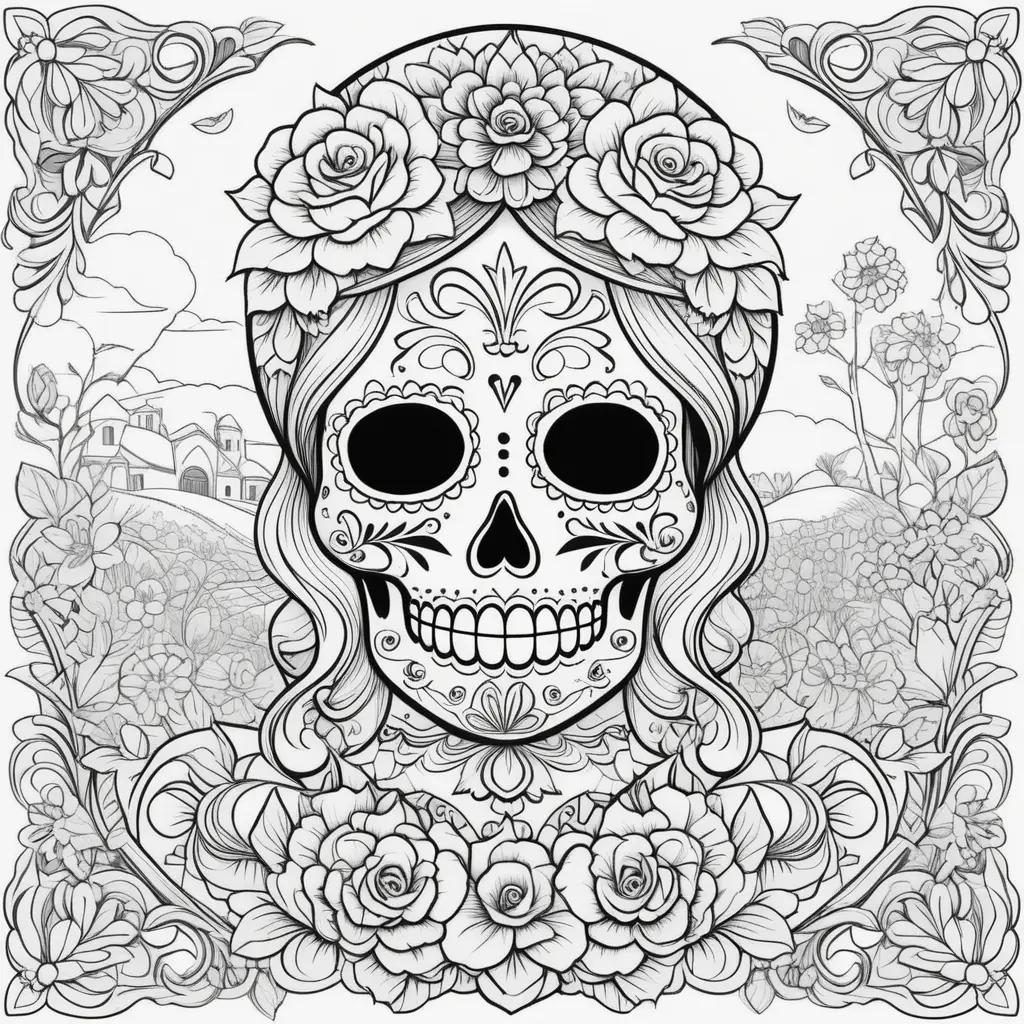 Day of the Dead coloring pages feature a skull and roses