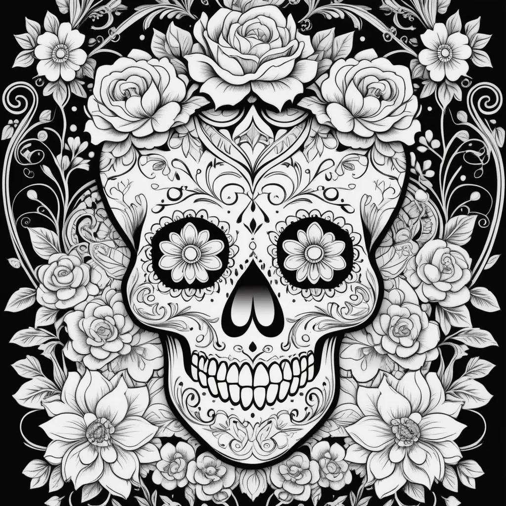 Day of the Dead coloring pages featuring skulls and flowers