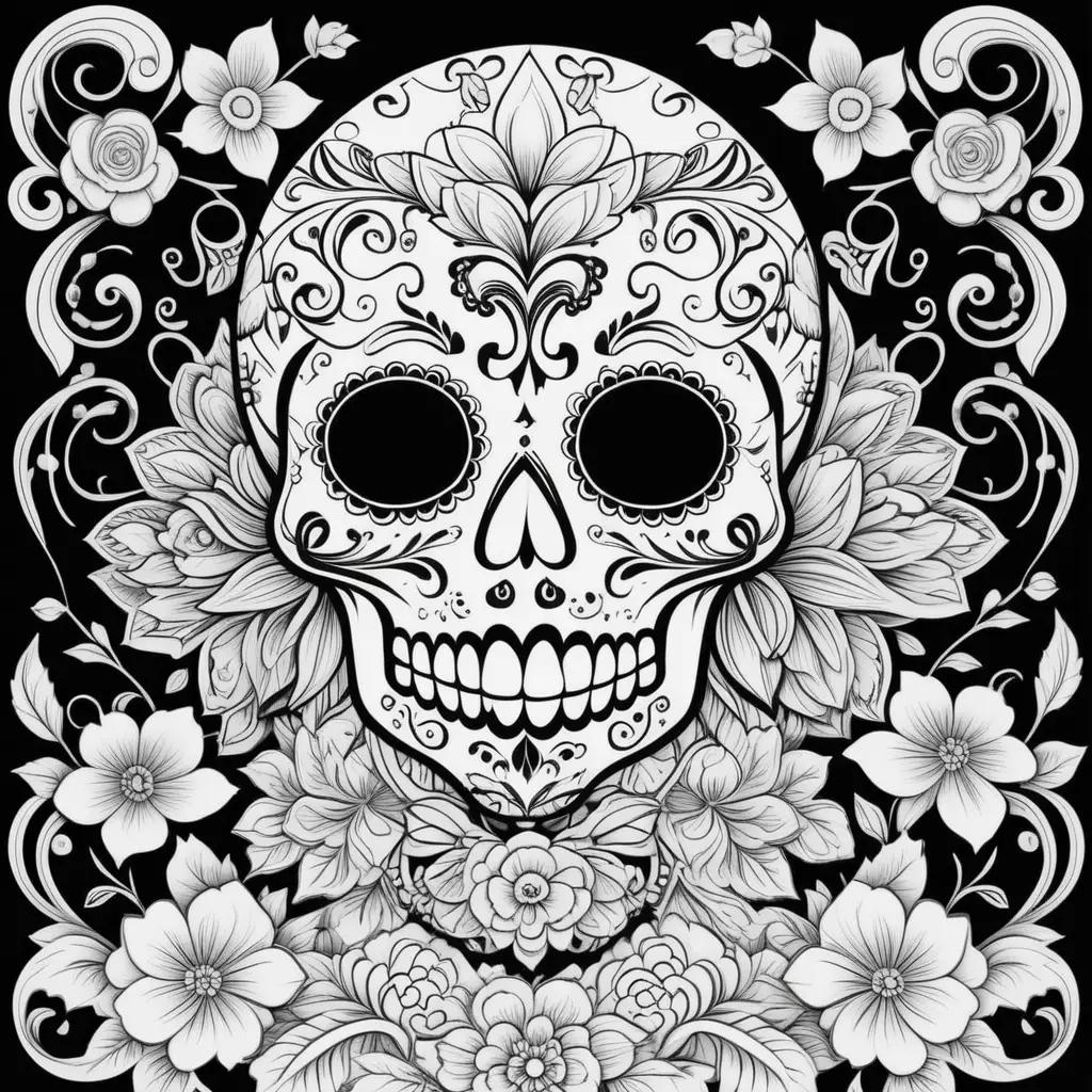 Day of the Dead coloring pages with skull and flowers