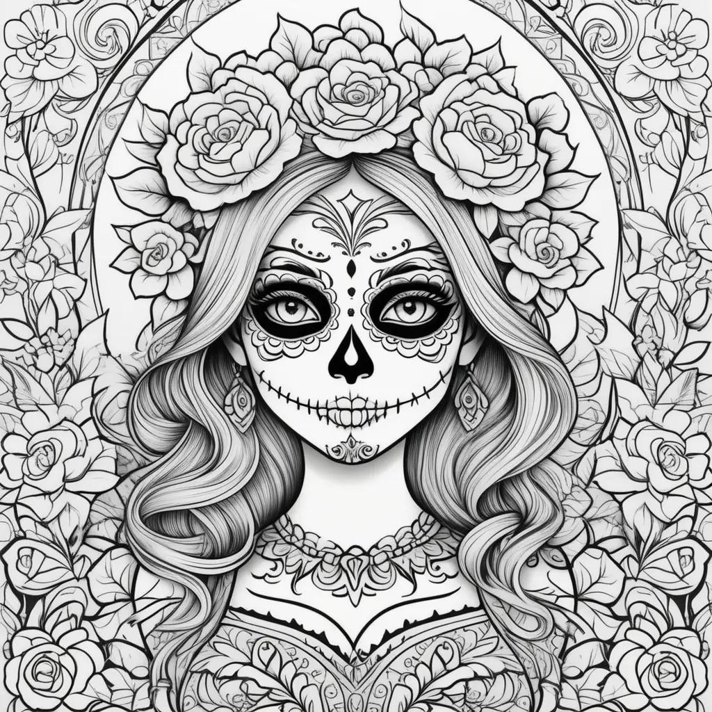 Day of the Dead coloring pages with skull and roses