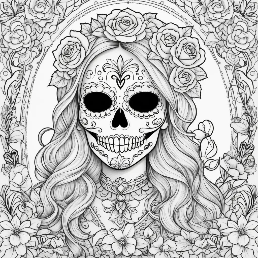 Day of the Dead coloring pages with skulls and flowers