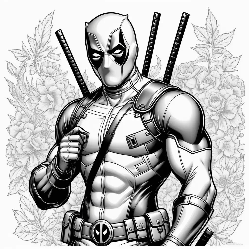 Deadpool Coloring Pages showcases a black and white illustration of the popular Marvel character