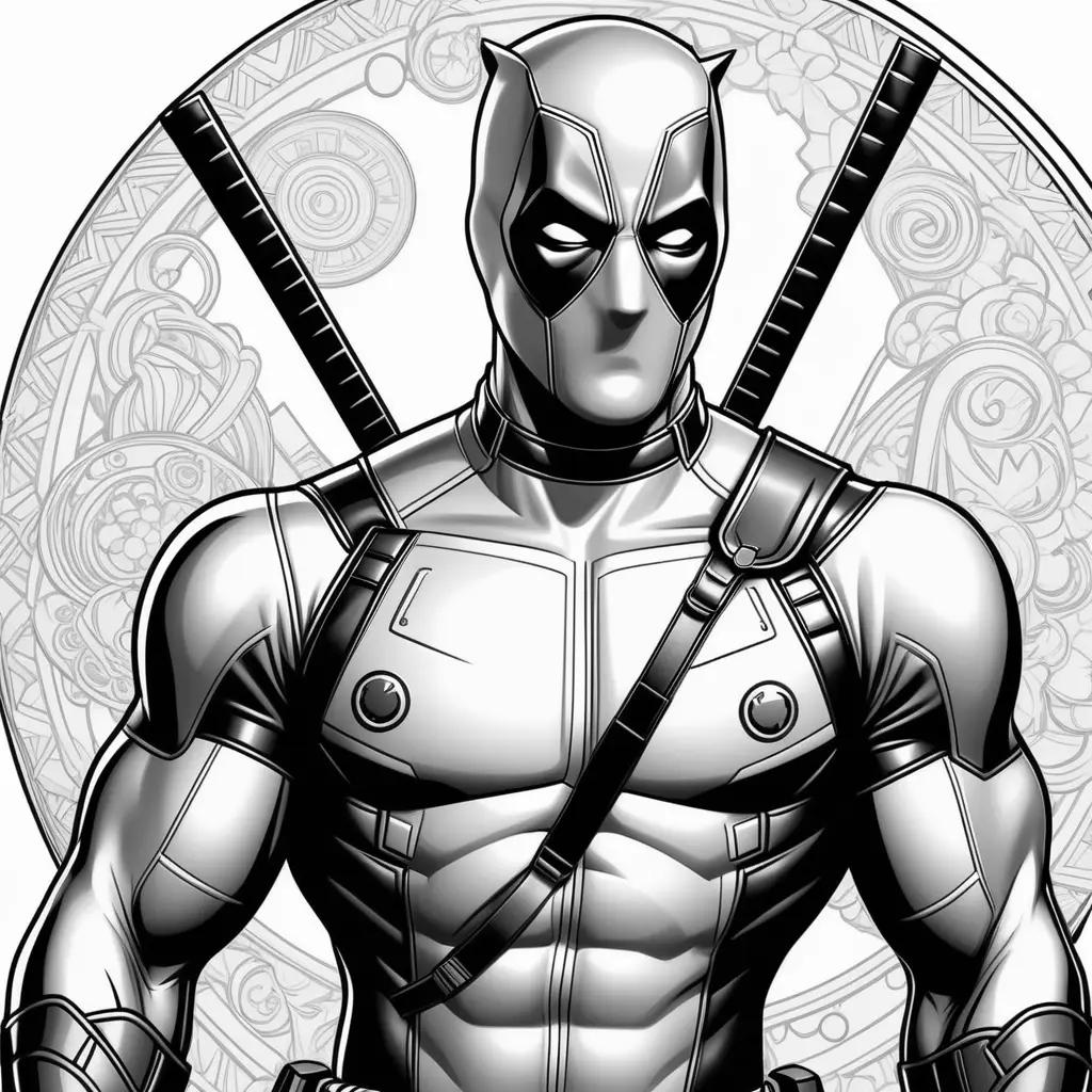 Deadpool coloring page with a black and white coloring style