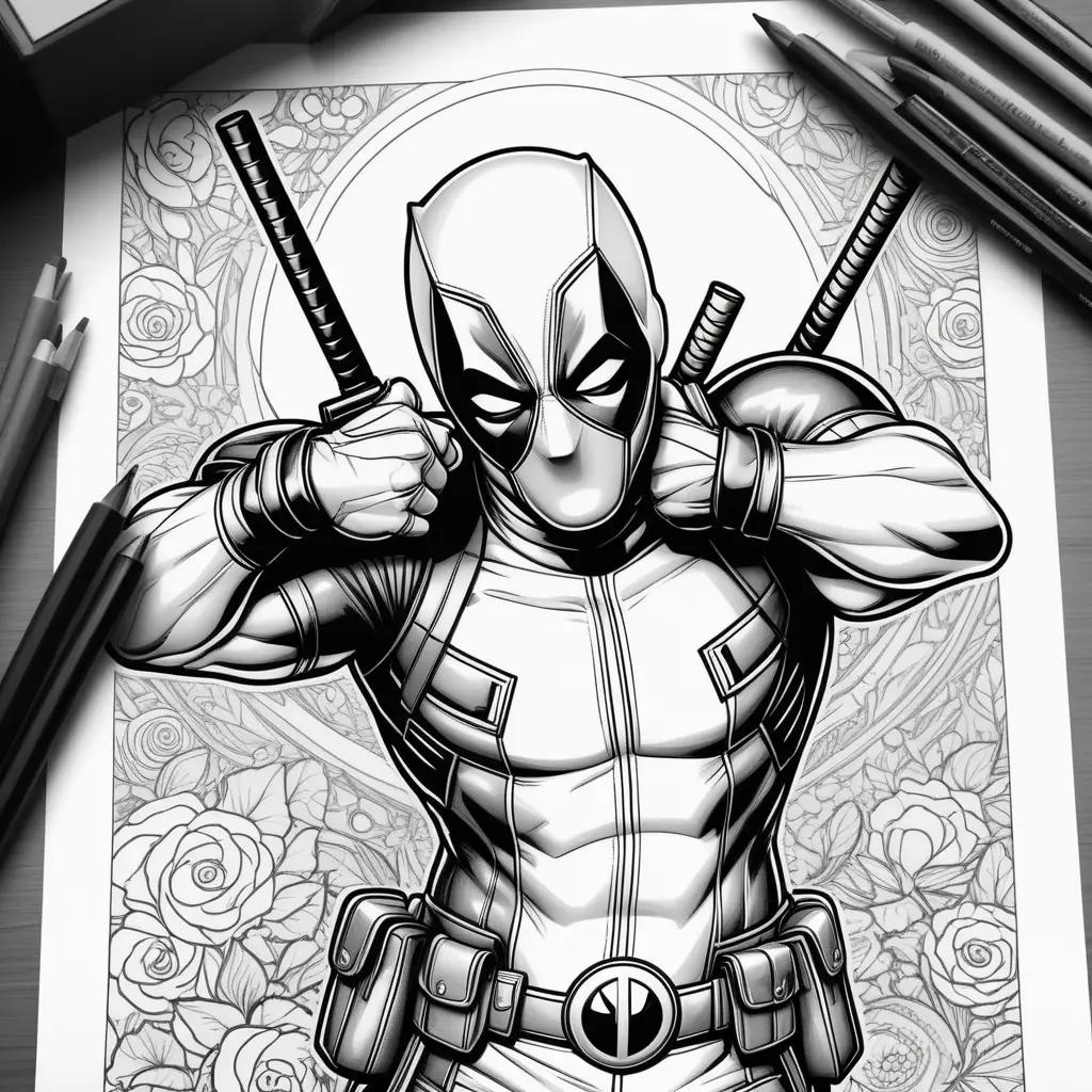 Deadpool coloring page with a sword and roses