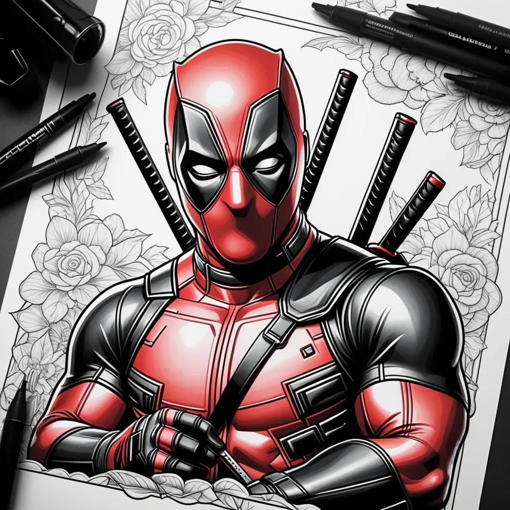 Deadpool coloring pages with roses and black pens