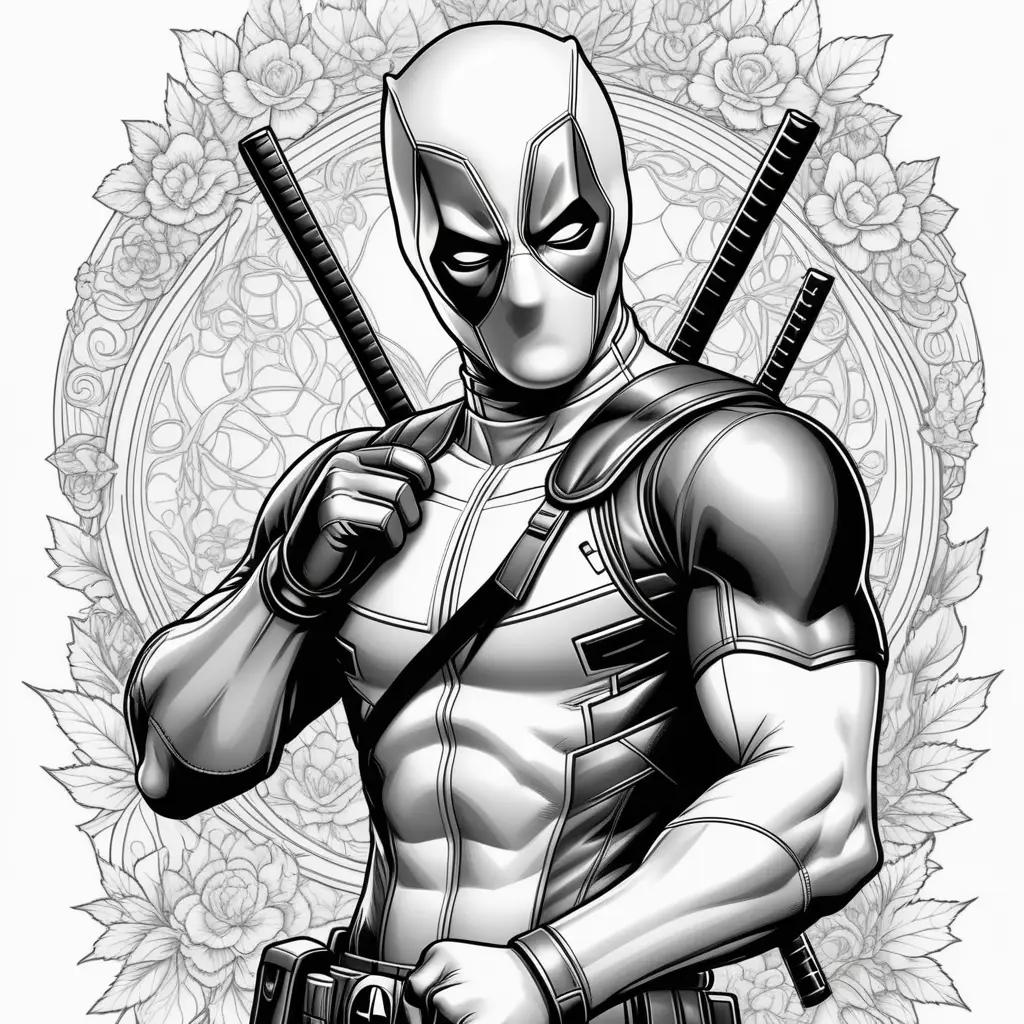 Deadpool with crossbows in black and white coloring pages