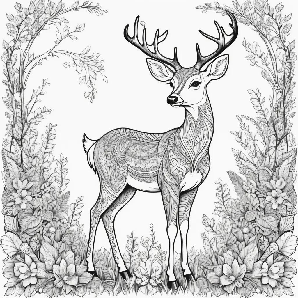 Deer coloring page with intricate patterns and flowers in the background