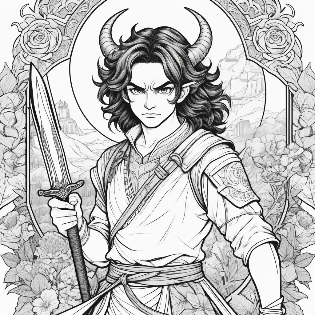 Demon Slayer Coloring Page is a black and white illustration of a man holding a sword and a shield, with a demon nearby