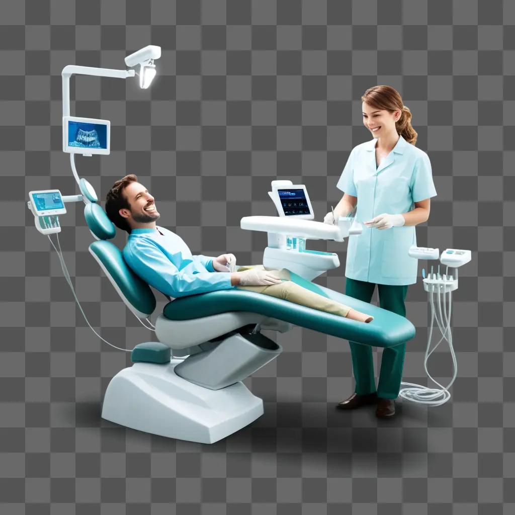 Dentist and patient in a brightly lit dental chair