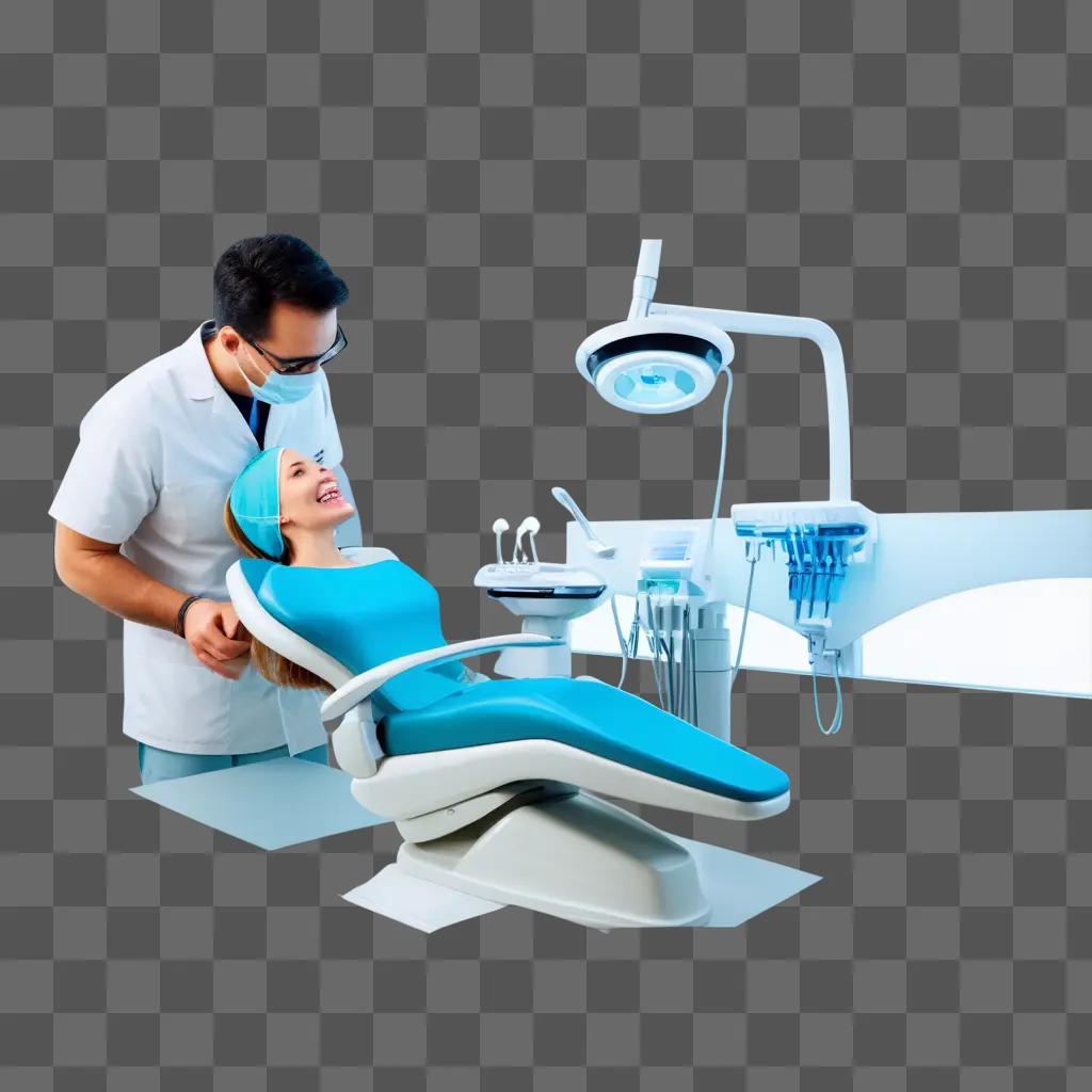 Dentist standing next to smiling patient in a blue chair