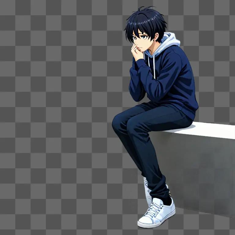 Depressed anime boy with white shoes sitting on gray wall