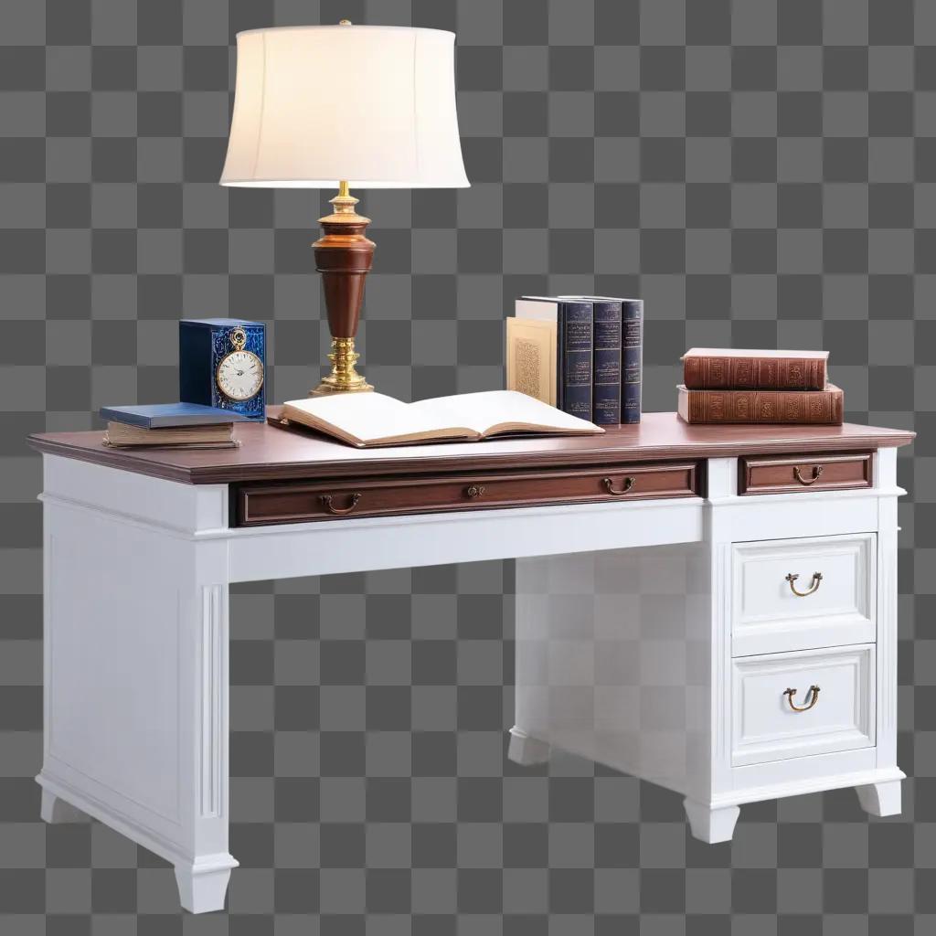 Desk with books, lamp and open book