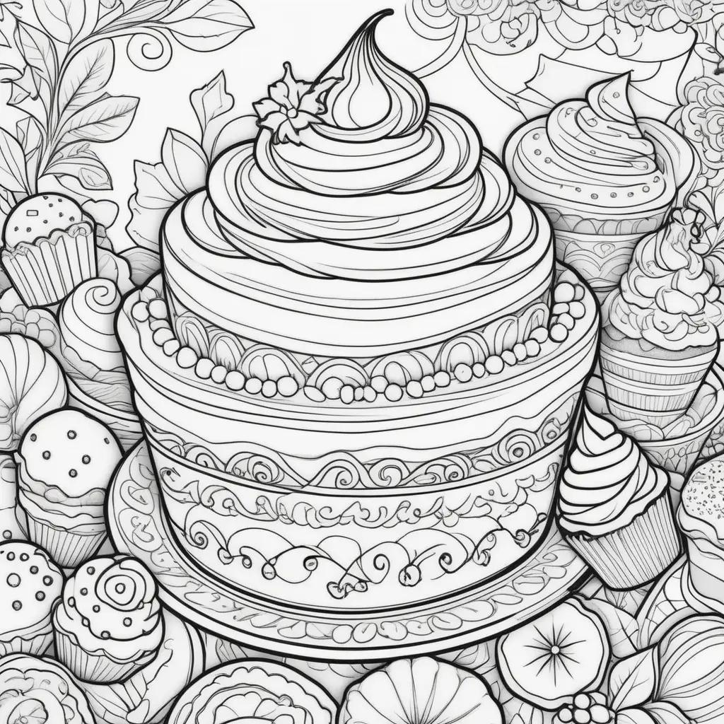 Dessert coloring pages featuring a cake and cupcakes