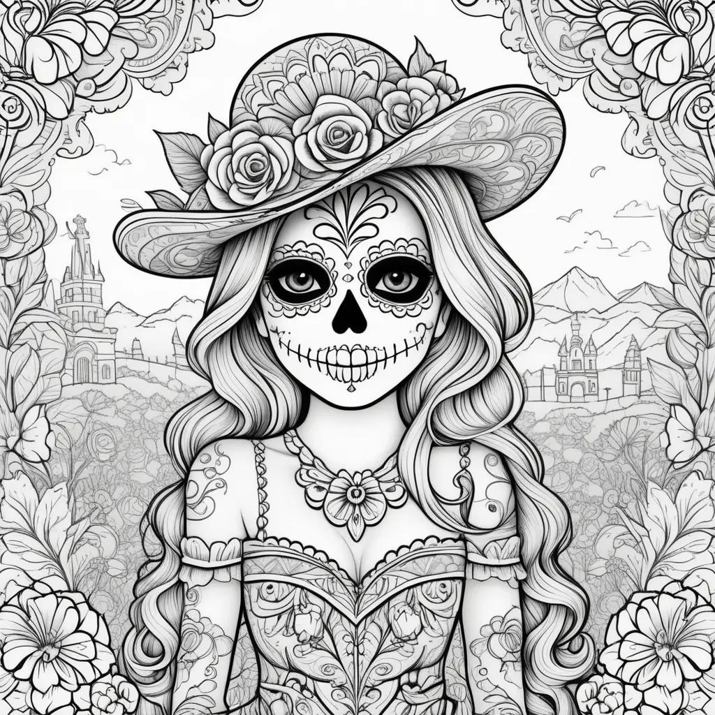 Dia de los Muertos coloring pages featuring a girl with a hat and flower crown