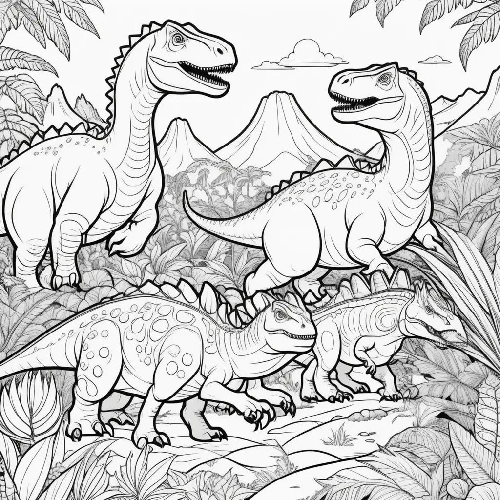 Dinosaur coloring book pages with a jungle setting