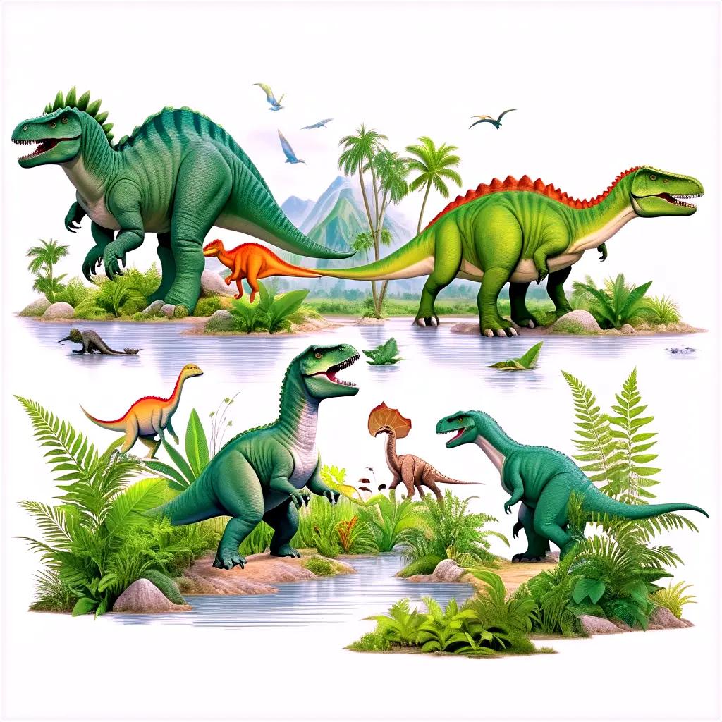 Dinosaurs and plants in a tropical scene