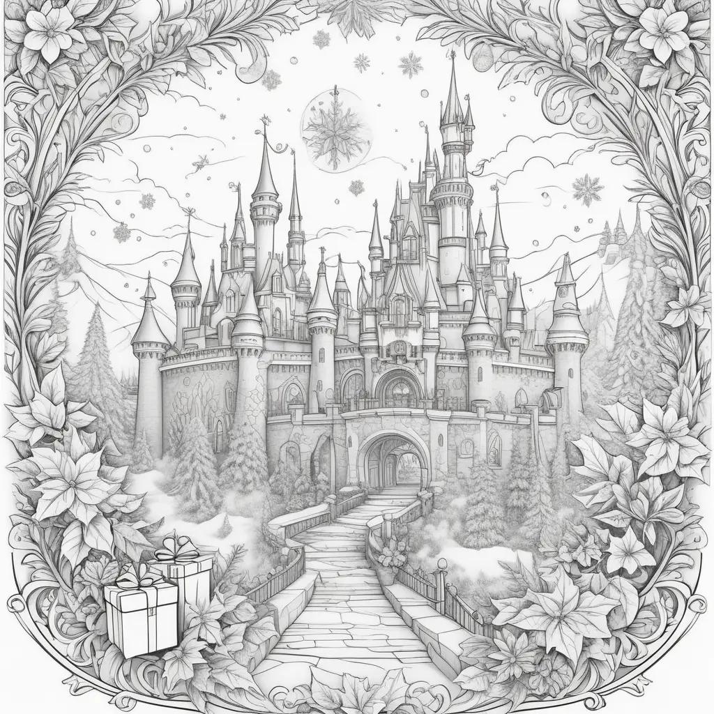 Disney Christmas coloring page with a castle and presents