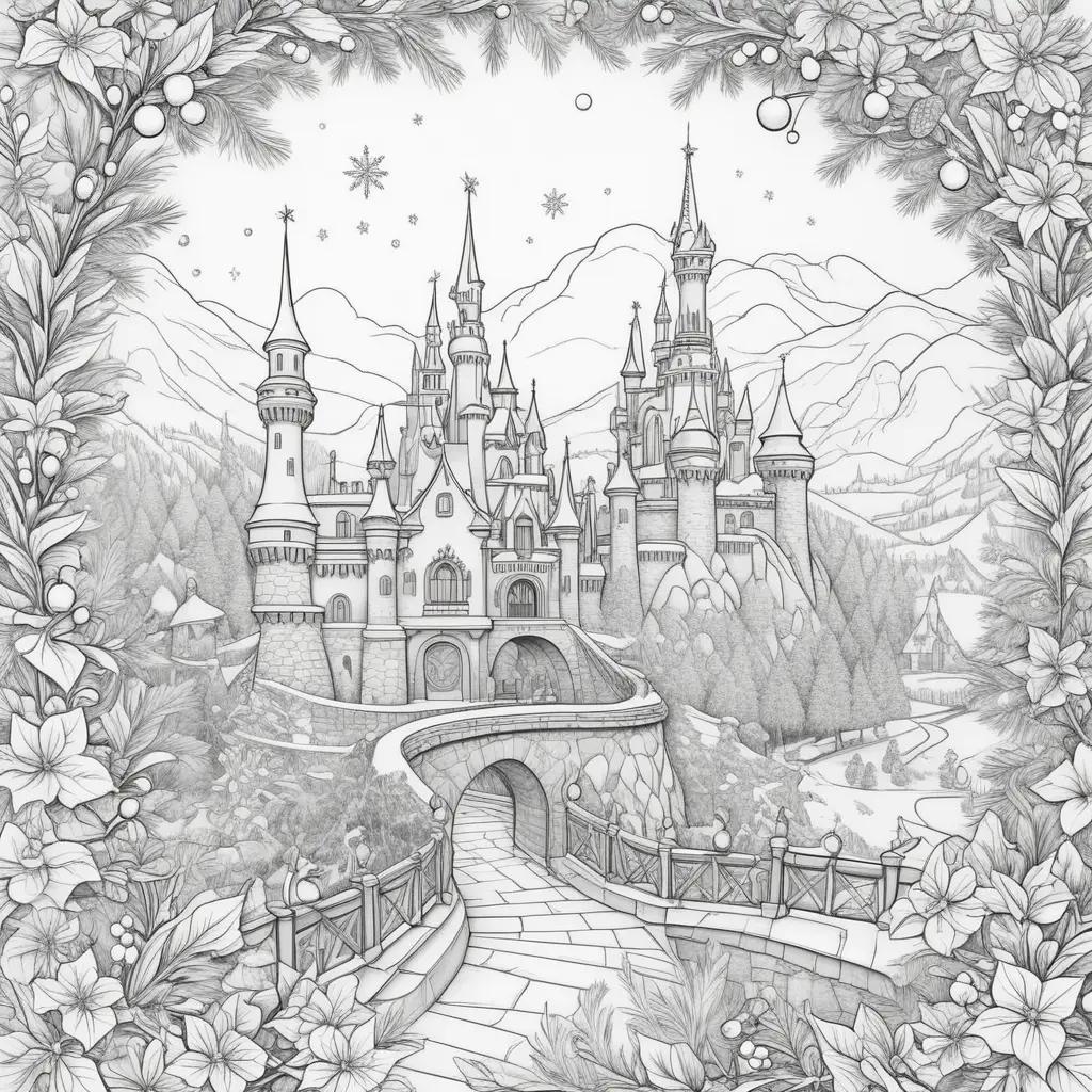 Disney Christmas coloring page with a castle and trees