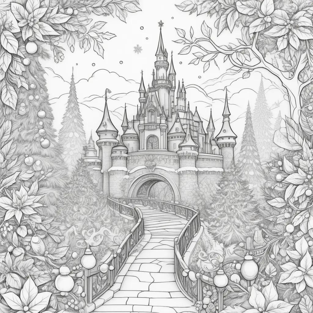 Disney Christmas coloring pages of a castle and a forest