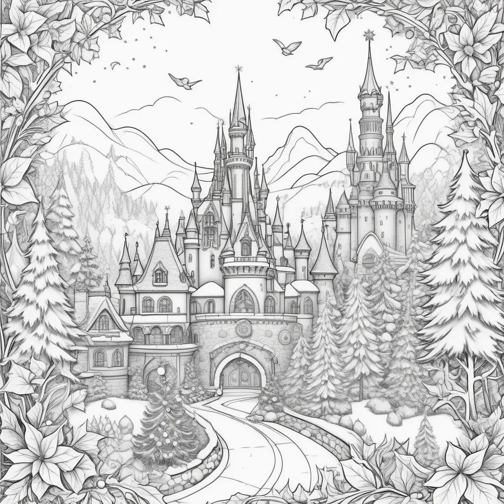 Disney Christmas coloring pages of a castle in the snow