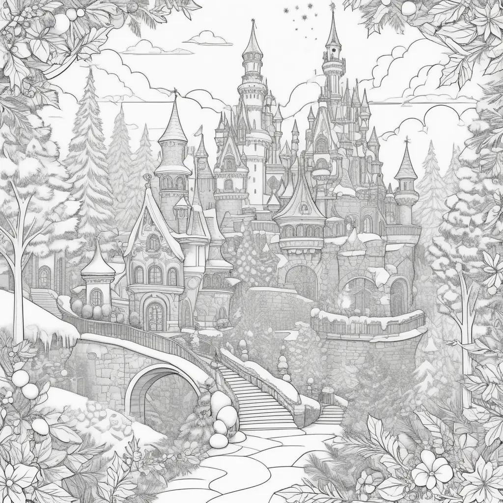 Disney Christmas coloring pages with castle and snow