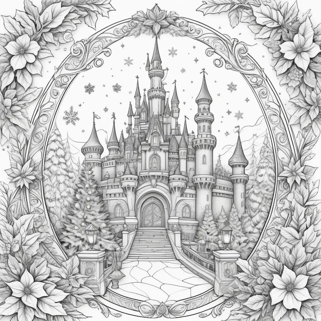 Disney Christmas coloring pages with castle and snowflakes