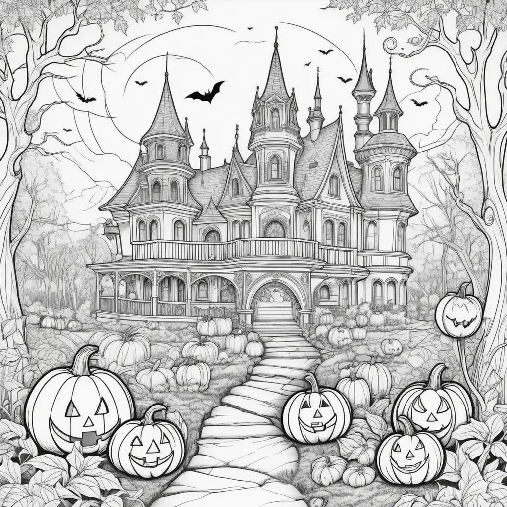 Disney Halloween Coloring Pages Featuring a Castle and Jack-o-Lanterns