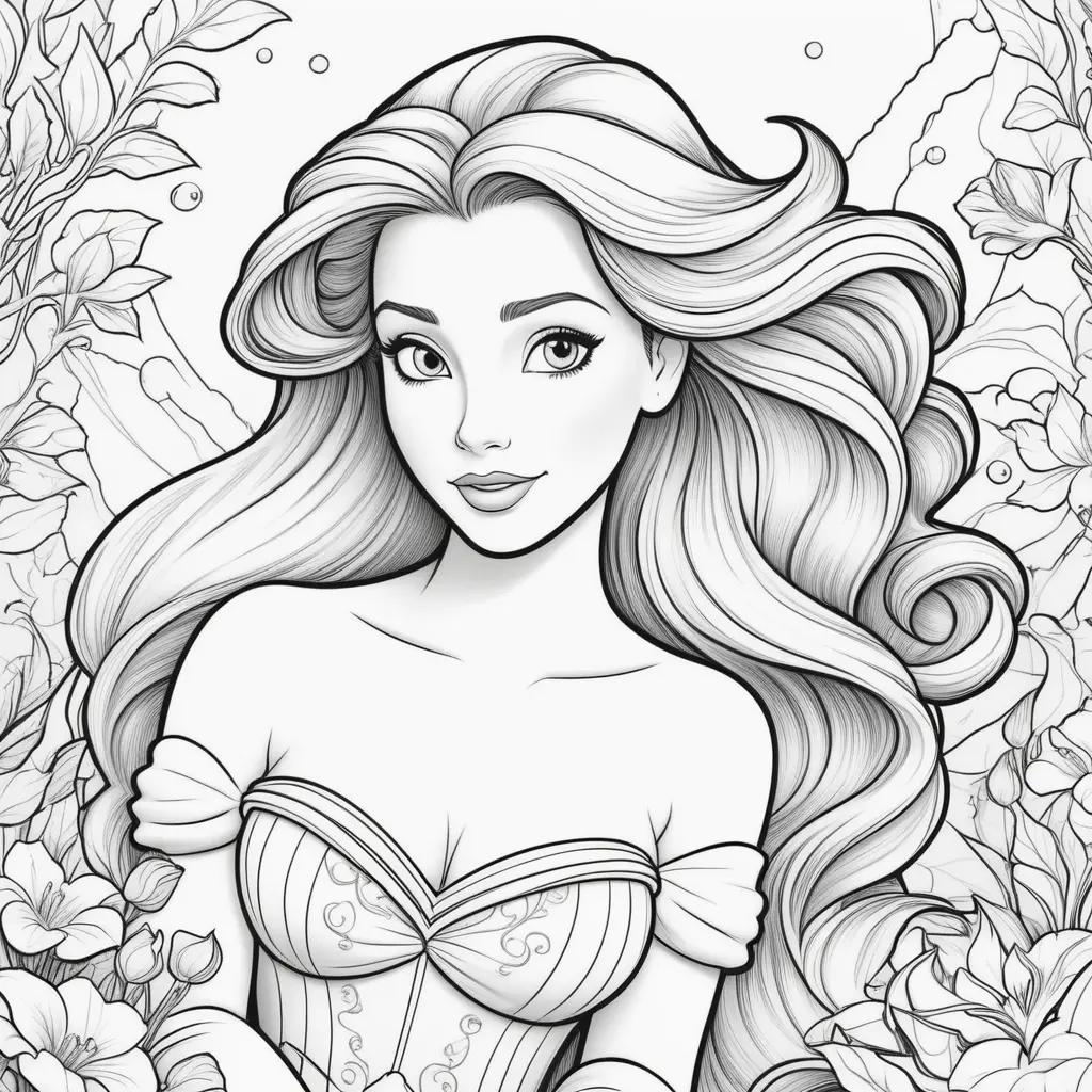 Disney Princess Ariel Coloring Pages: Black and White Drawing of Ariel Princess