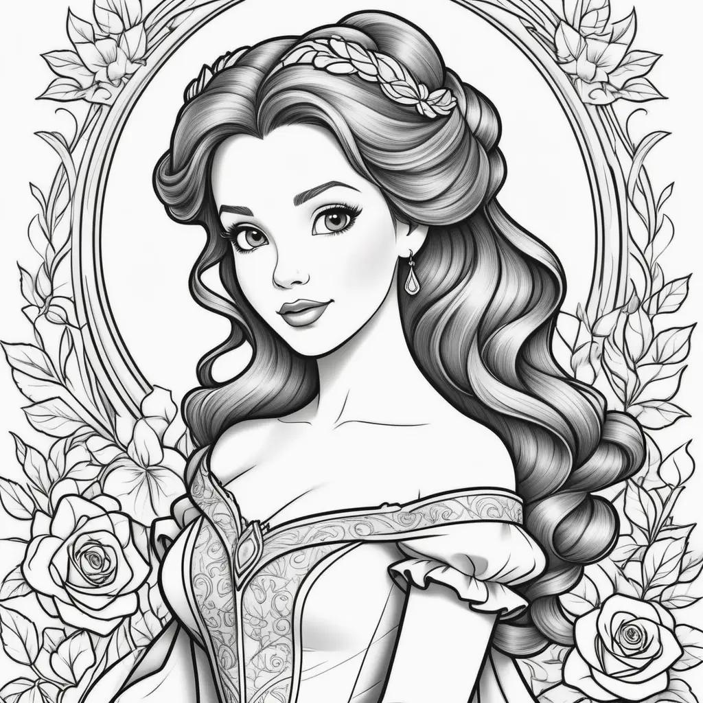 Disney Princess Belle Coloring Page in Black and White