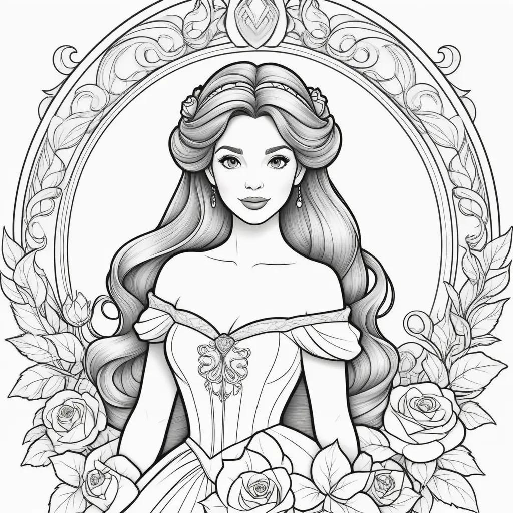 Disney Princess Belle coloring pages with a rose and a crown