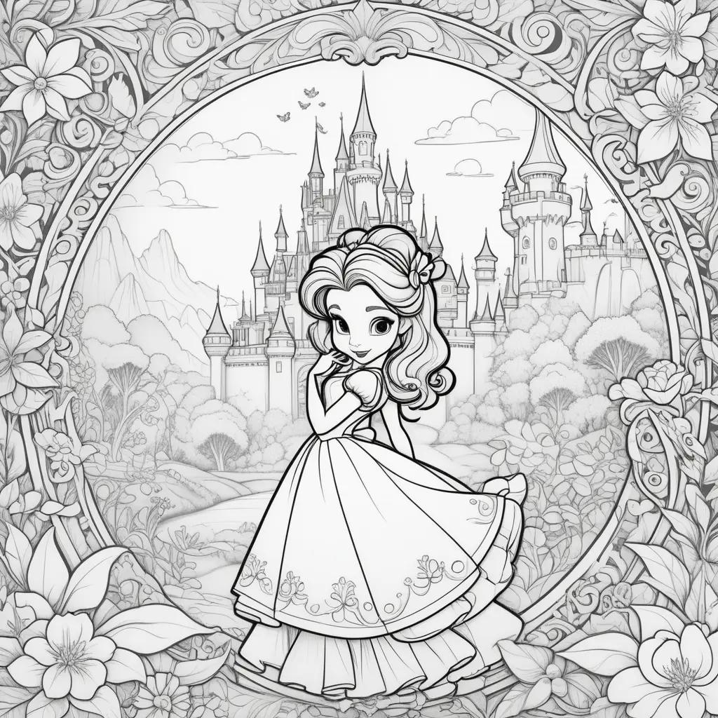 Disney Princess Coloring Page: Belle, castle, flowers, and more