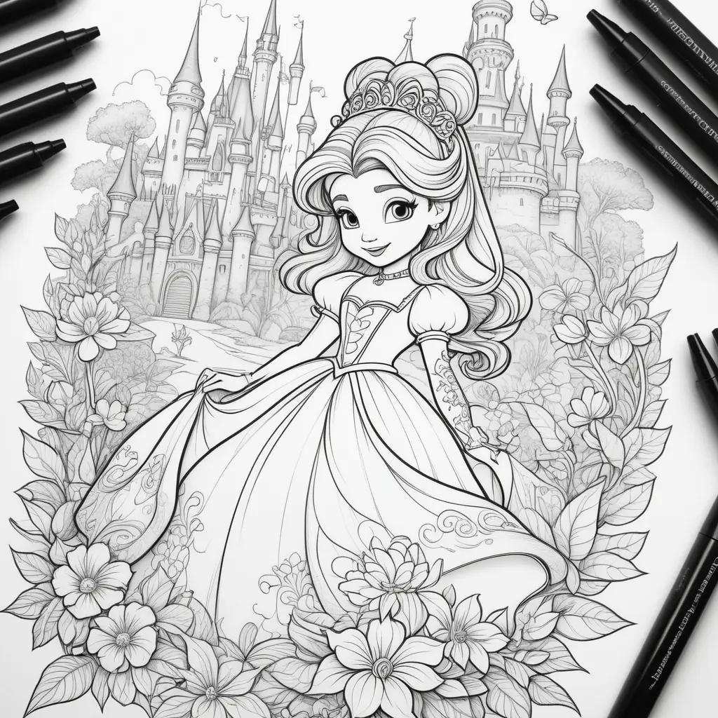 Disney Princess Coloring Page with Flowers and Castle