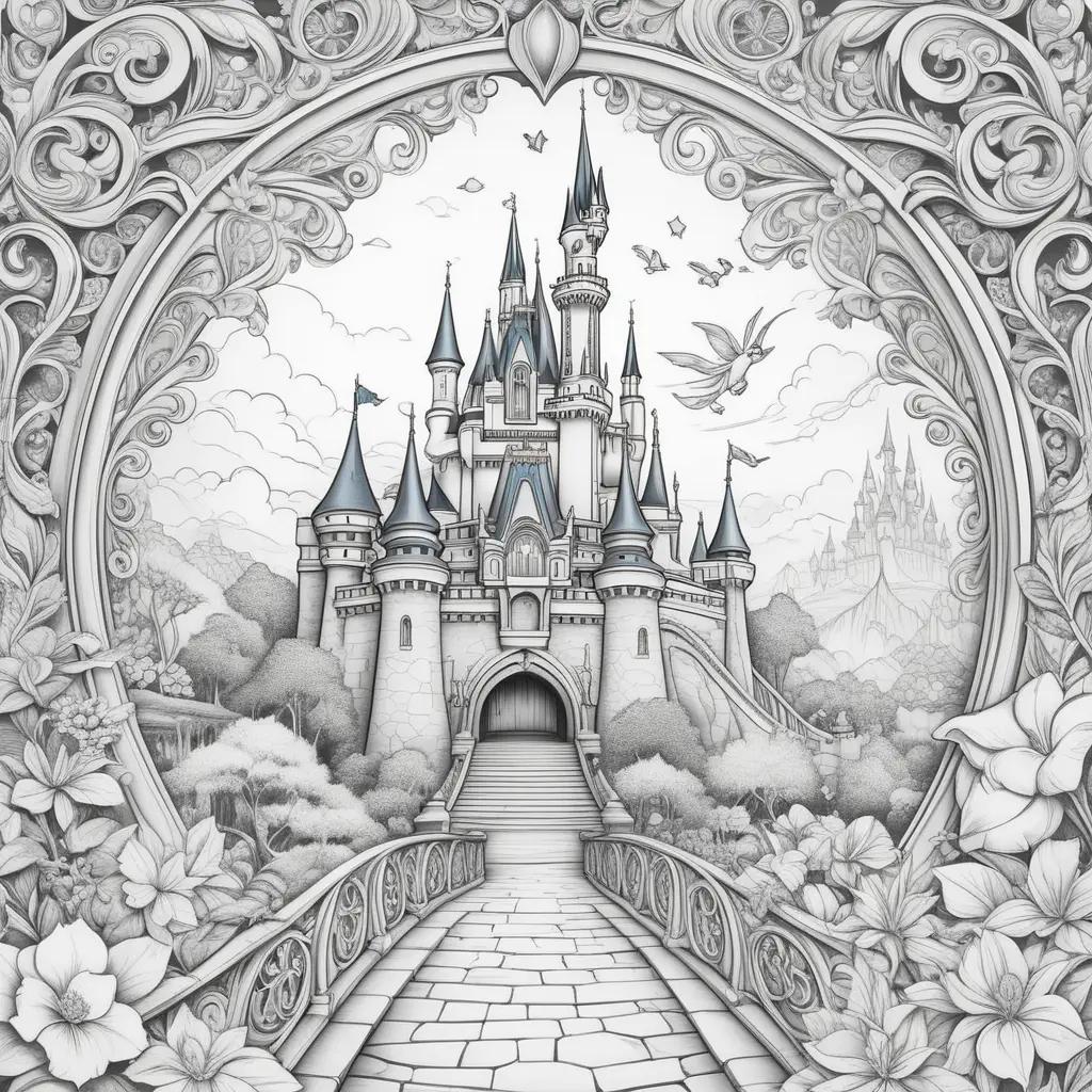 Disney castle drawing with a bridge and flowers