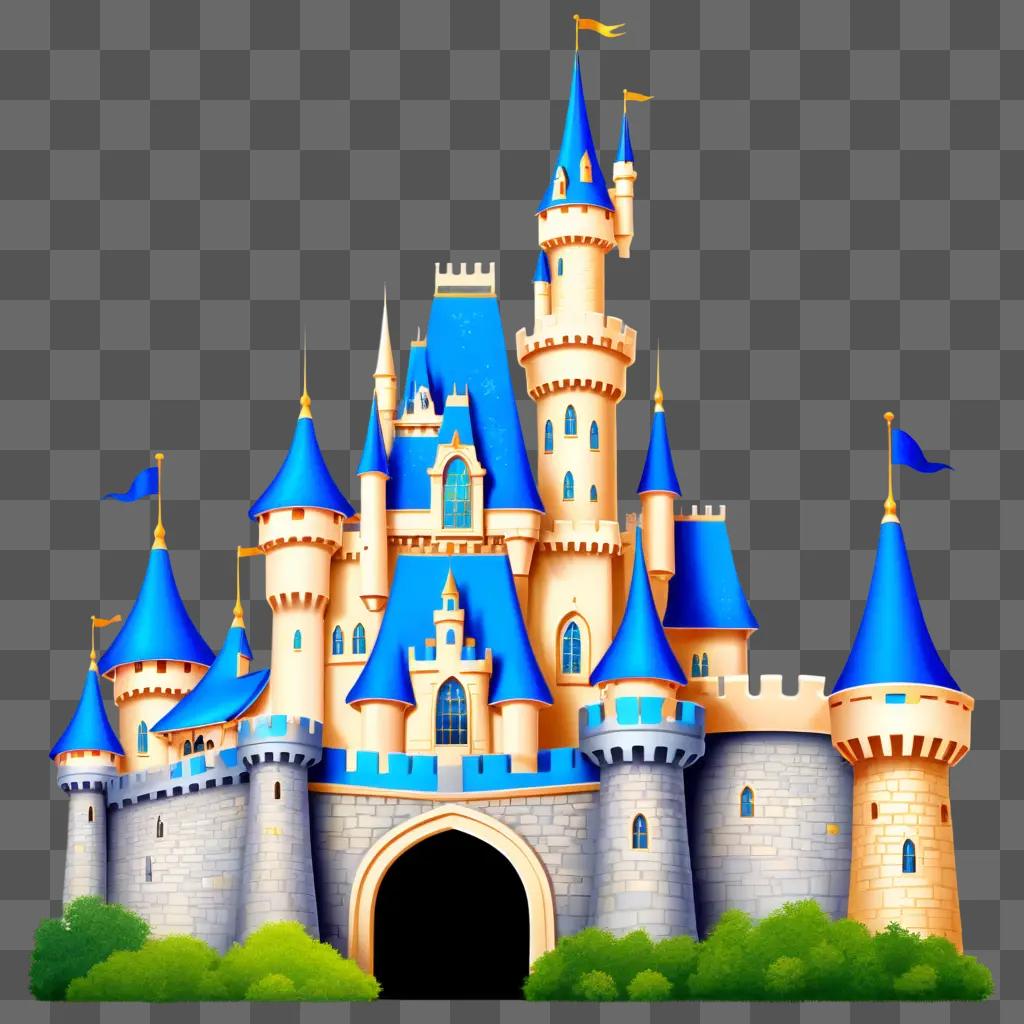 Disney castle in a cartoon style with blue and gold colors