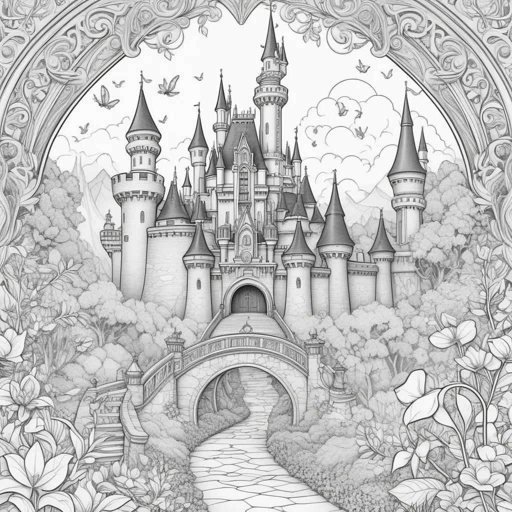 Disney castle is colored in black and white