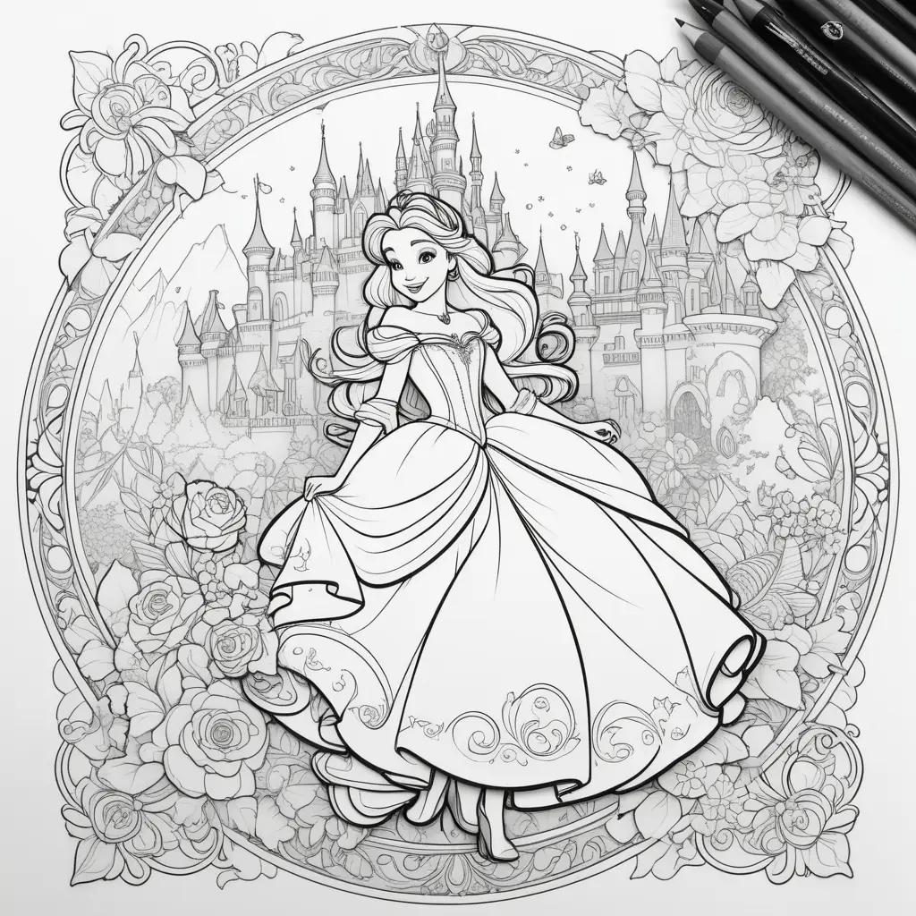 Disney characters coloring pages featuring Belle and a castle