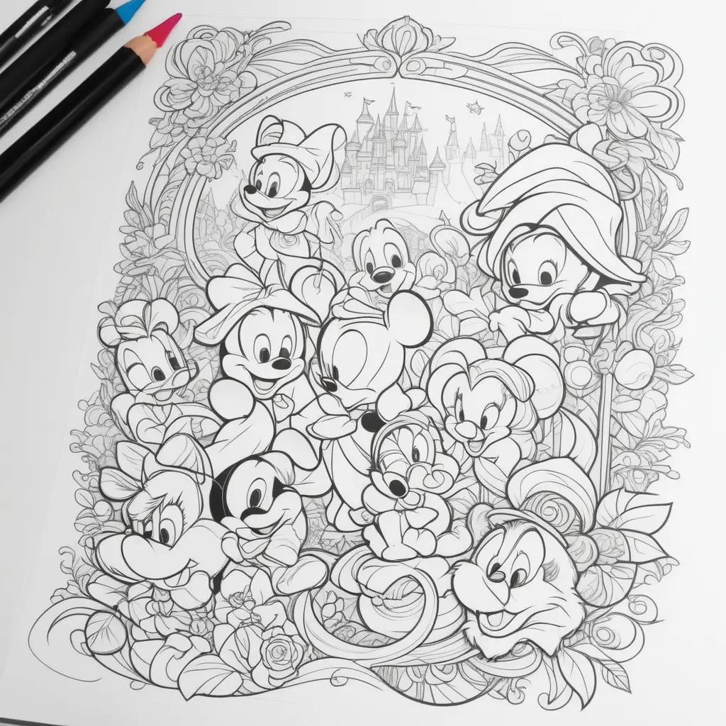 Disney characters coloring pages with a castle in the background