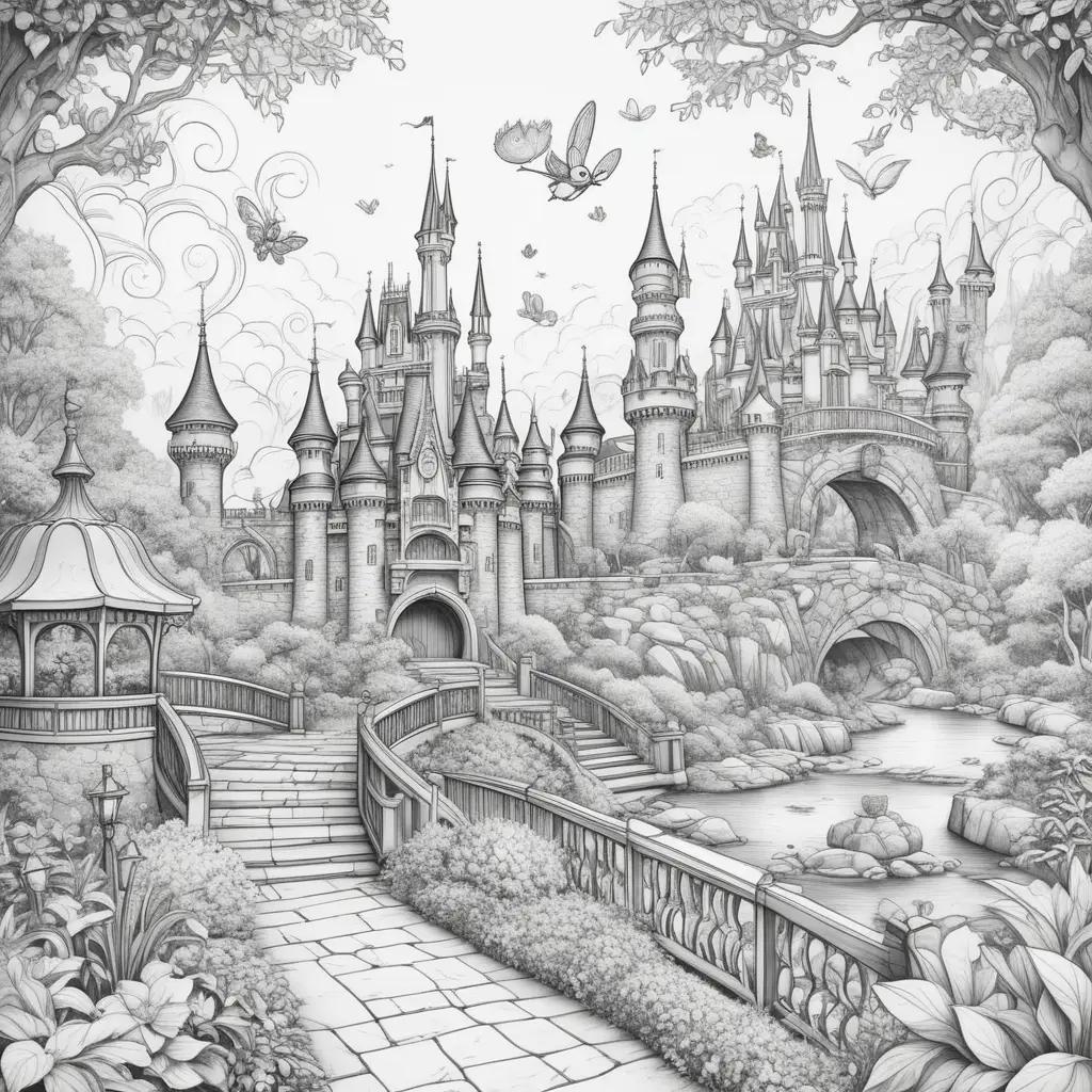 Disney color pages: castle drawing in black and white