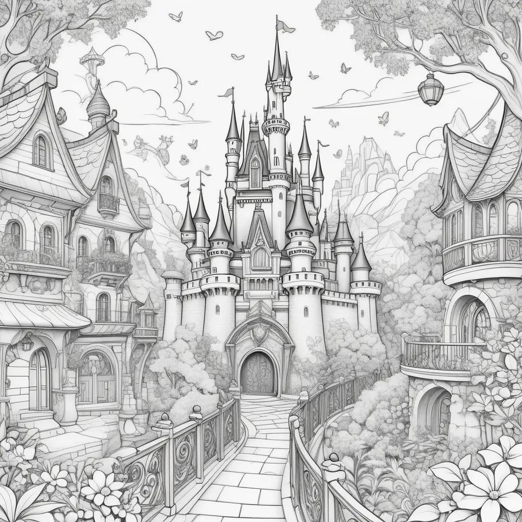 Disney color pages featuring a castle and a bridge