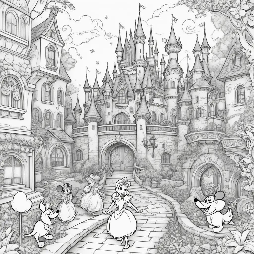 Disney color pages featuring a castle and its inhabitants