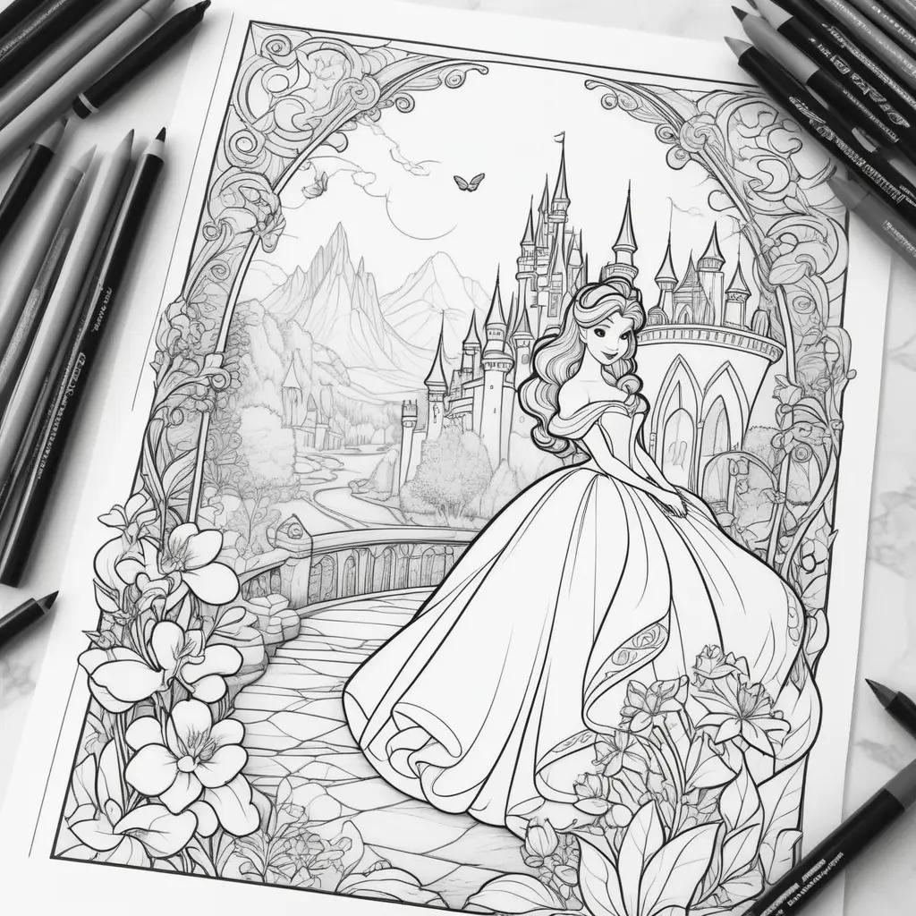 Disney coloring pages: princess Belle castle drawing