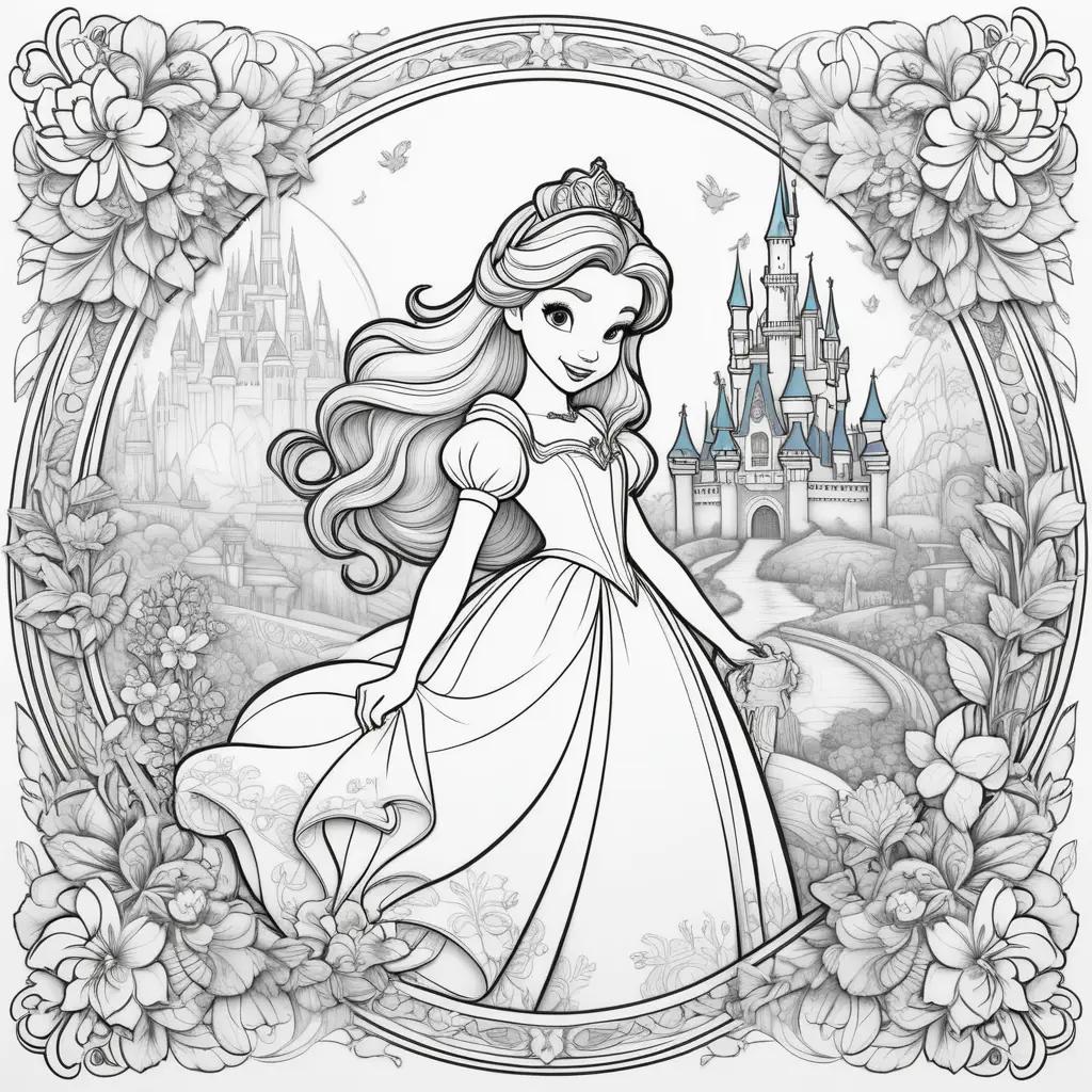 Disney coloring pages featuring Belle and a castle