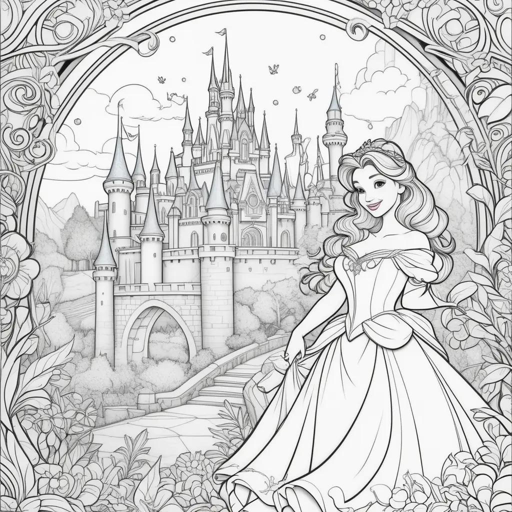 Disney coloring pages featuring Belle and the castle