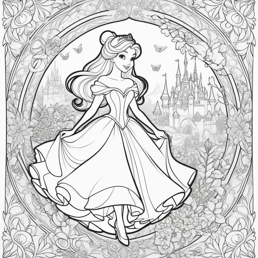 Disney coloring pages for adults featuring Belle and a castle